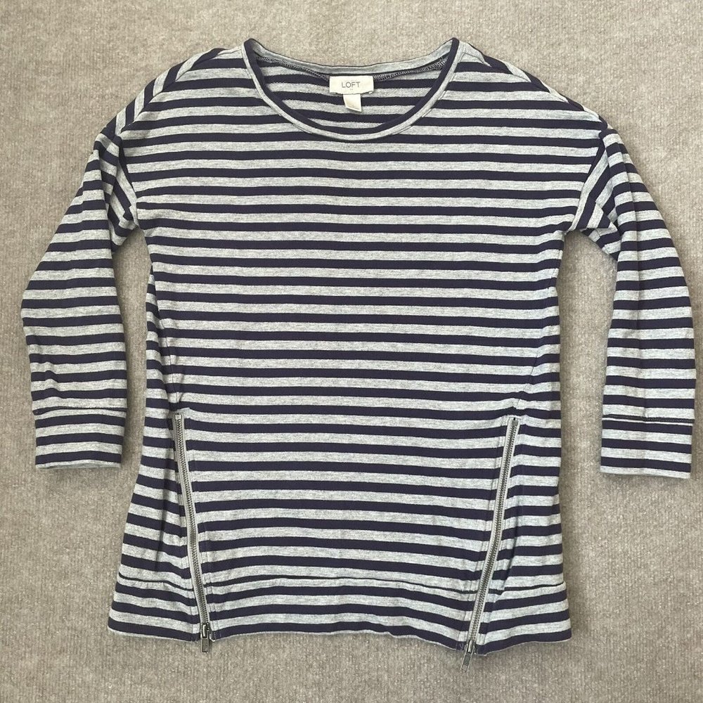 Loft Sweatshirt Womens Small Purple Gray Striped Zippers Lightweight 3/4 Sleeve
